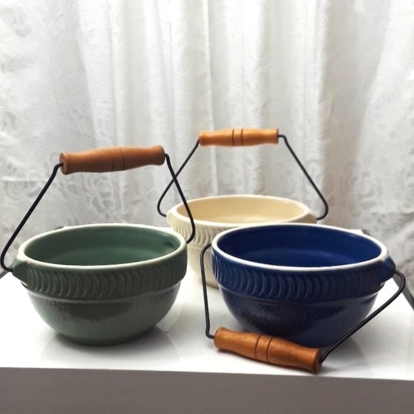 Stoneware Ribbed Bowl with Wooden Handle, Set of 3 - Picture 2 of 9